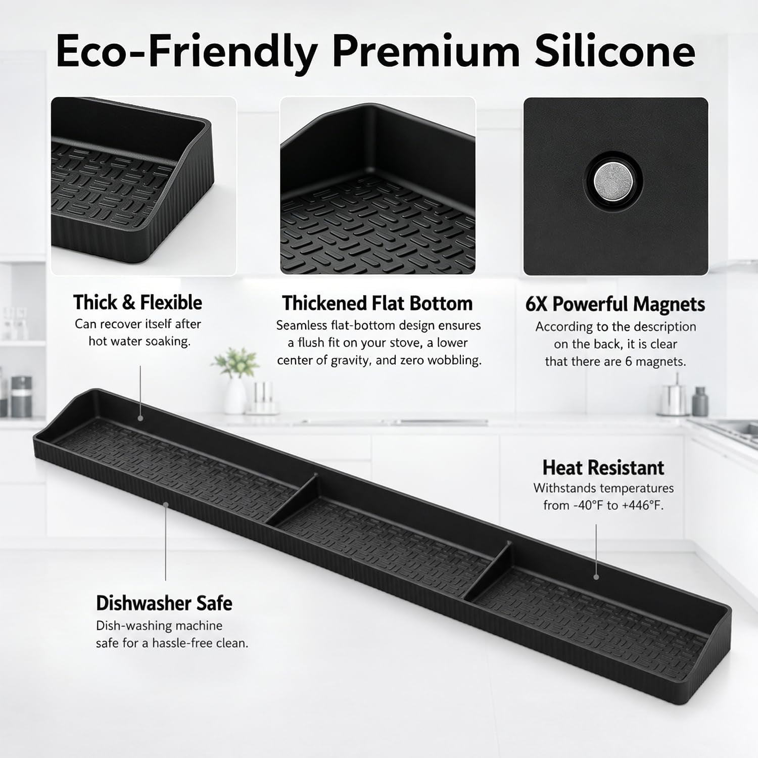 30" Magnetic Stove Top Shelf, Silicone over the Stove Spice Rack Organizer | Heat Resistant Silicone, Anti-Rattle No-Scratch Range Shelf, 3 Functional Partitions Kitchen Storage for Spices