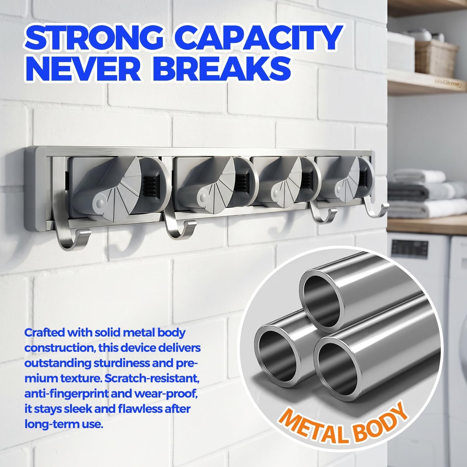 Mop Broom Holder Wall Mount Metal Pantry Organization and Storage Garden Kitchen Tool Organizer Wall Hanger for Home Goods (4 Positions with 4 Hooks, Silver)