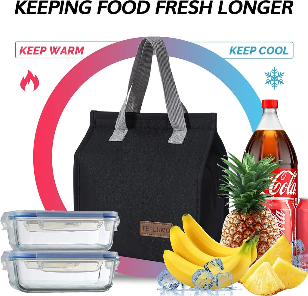 Insulated Lunch Bag for Men Women, Large Reusable Leakproof Lunch Box Container, Small Portable Thermal Snack Bag, Reusable Travel Office Work Beach Black Cooler Tote Bag for Adults, Dark