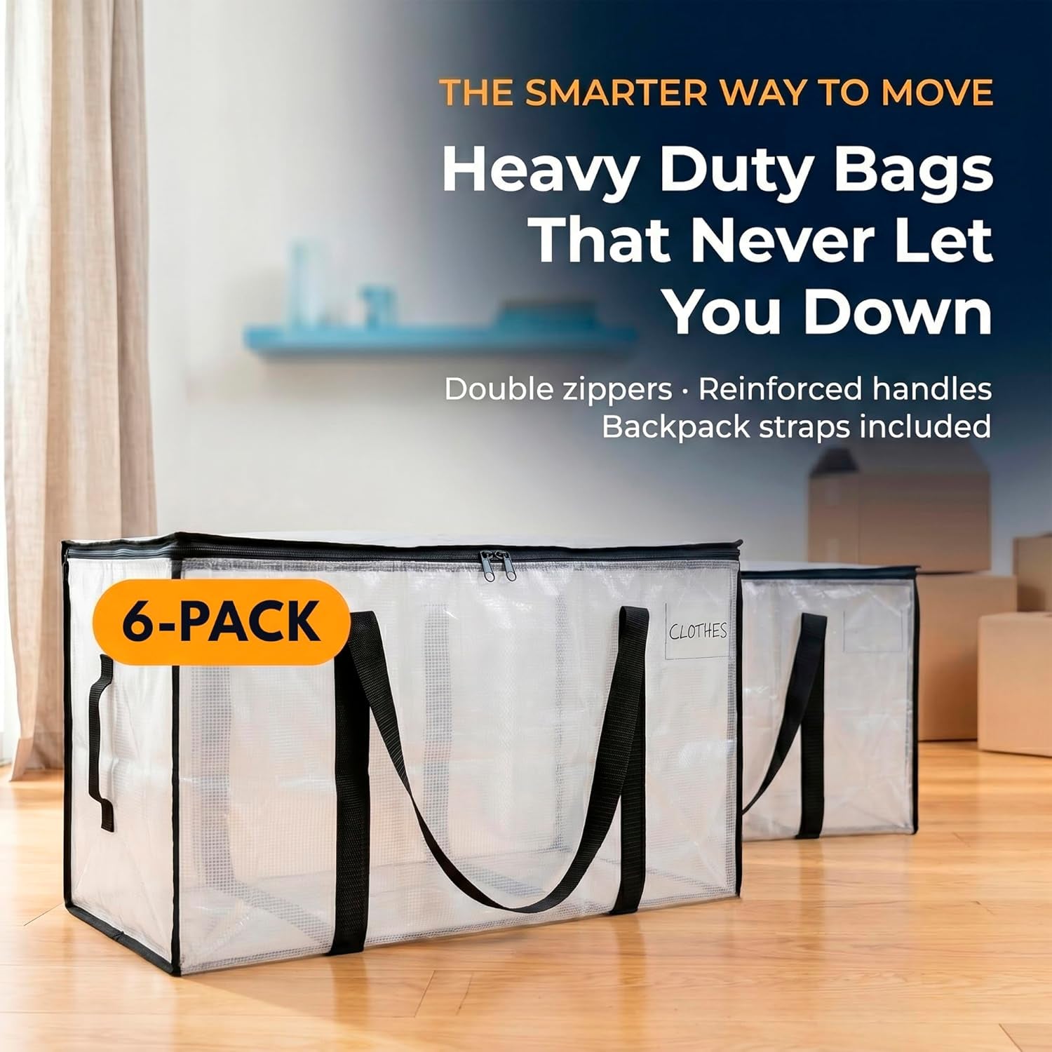 Heavy Duty Moving Bags - Water Resistant Storage Bags with Backpack Straps, Zippers and Handles - Large Moving Boxes for College Dorm, Travel, Closet Organization - 6 Pack, Clear | Heavy-Duty Moving Bags with Backpack Straps, Zippers, and Handles Provide Durable Storage for Moving, Travel, and Closets.