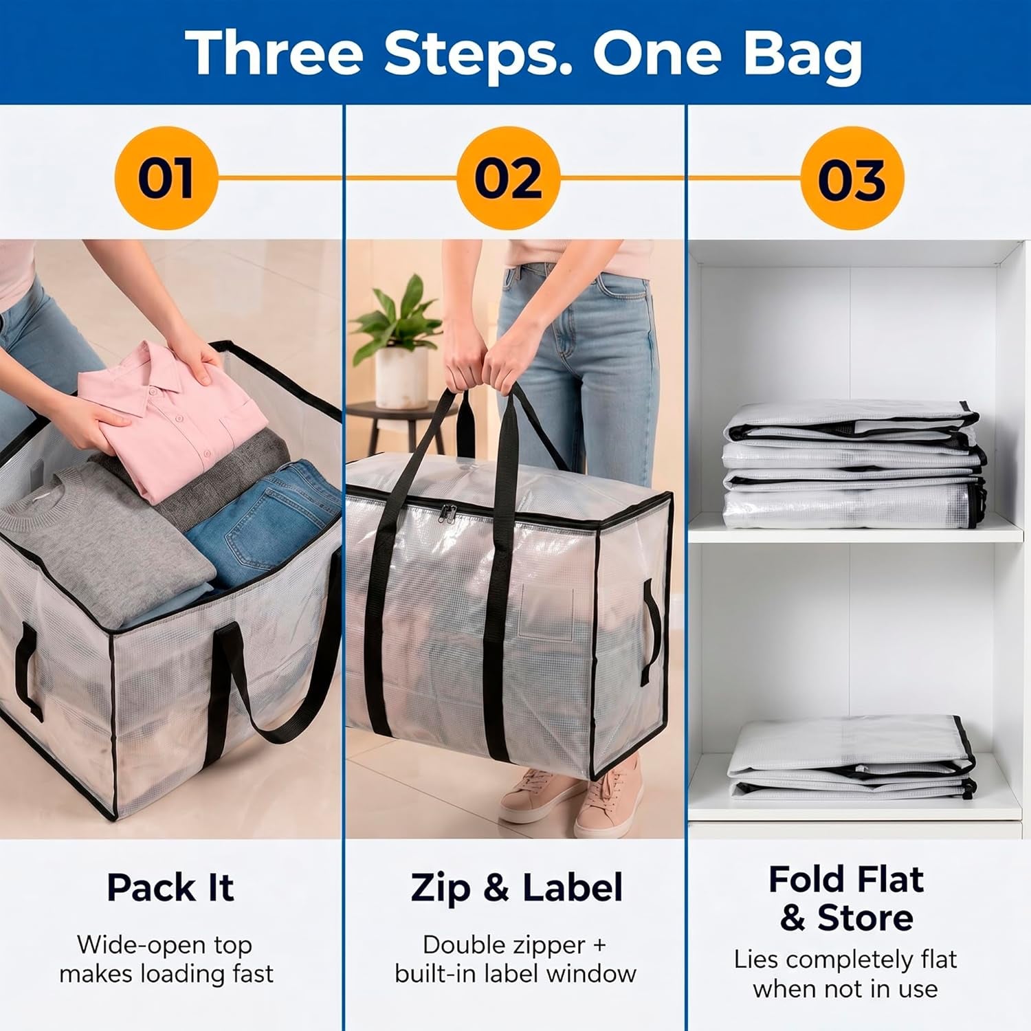 Heavy Duty Moving Bags - Water Resistant Storage Bags with Backpack Straps, Zippers and Handles - Large Moving Boxes for College Dorm, Travel, Closet Organization - 6 Pack, Clear | Heavy-Duty Moving Bags with Backpack Straps, Zippers, and Handles Provide Durable Storage for Moving, Travel, and Closets.