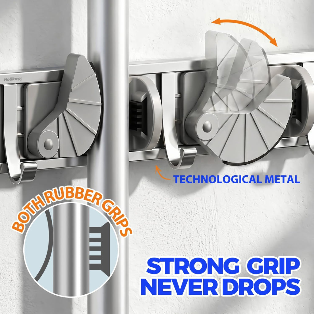 Mop Broom Holder Wall Mount Metal Pantry Organization and Storage Garden Kitchen Tool Organizer Wall Hanger for Home Goods (4 Positions with 4 Hooks, Silver)