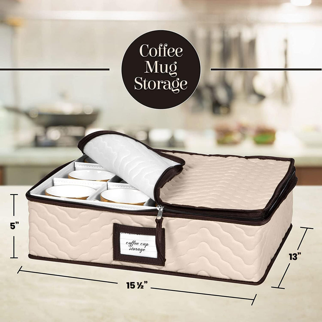 China Storage Containers 5-Piece Set Moving Boxes, Quilted Microfiber | Organize Dinnerware, Glasses, Plates, Mugs, and Saucers with Dividers for Seasonal Storage, Holds Set of 12, Beige