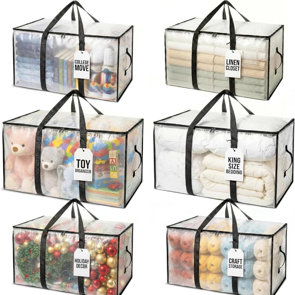 Heavy Duty Moving Bags - Water Resistant Storage Bags with Backpack Straps, Zippers and Handles - Large Moving Boxes for College Dorm, Travel, Closet Organization - 6 Pack, Clear | Heavy-Duty Moving Bags with Backpack Straps, Zippers, and Handles Provide Durable Storage for Moving, Travel, and Closets.